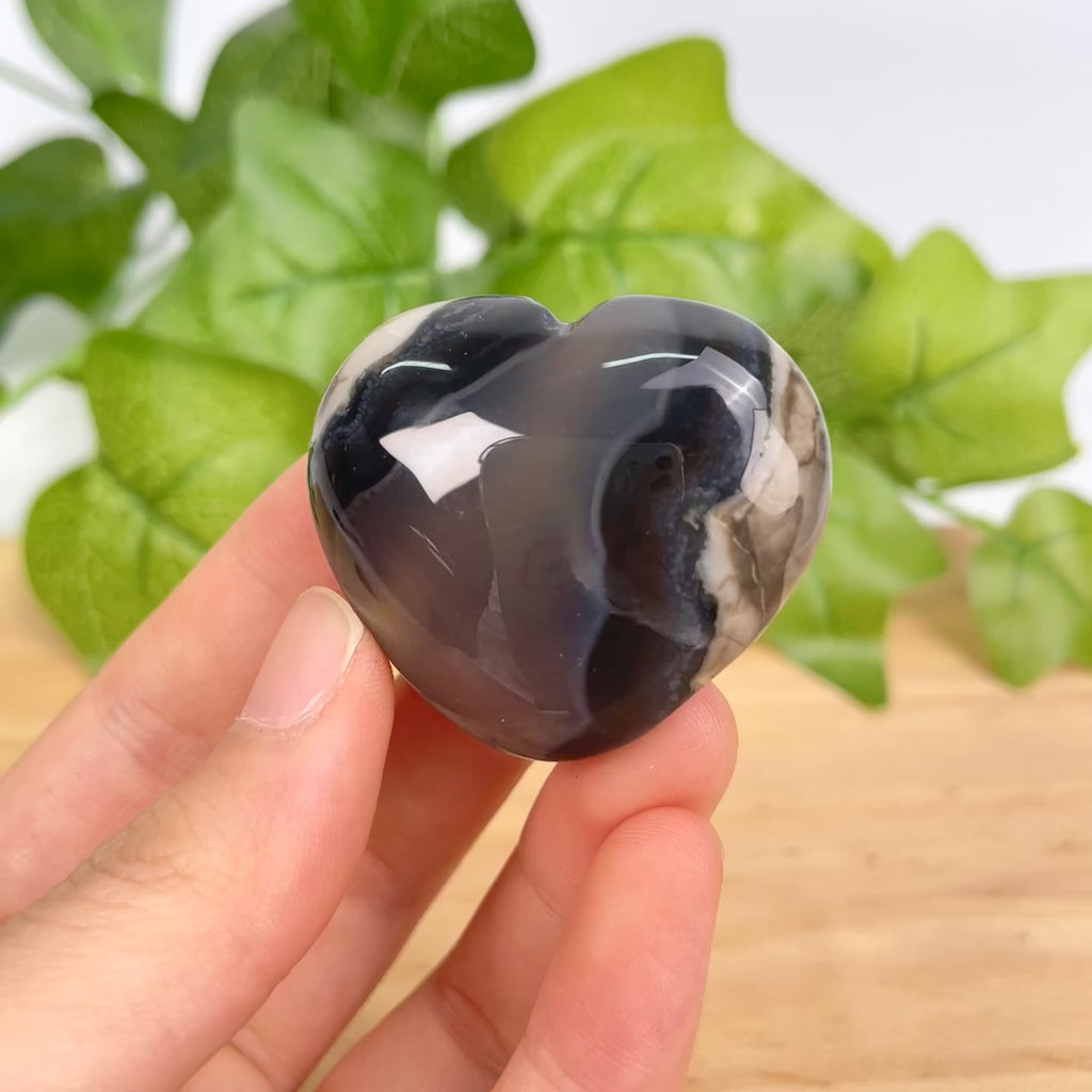 Volcano Agate Heart Crystal | Polished Black Volcanic Agate Palm Stone for Grounding & Protection