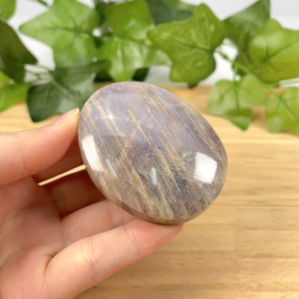 Natural Blue Moonstone Palm Stone, Polished Crystal Worry Stone for Stress Relief