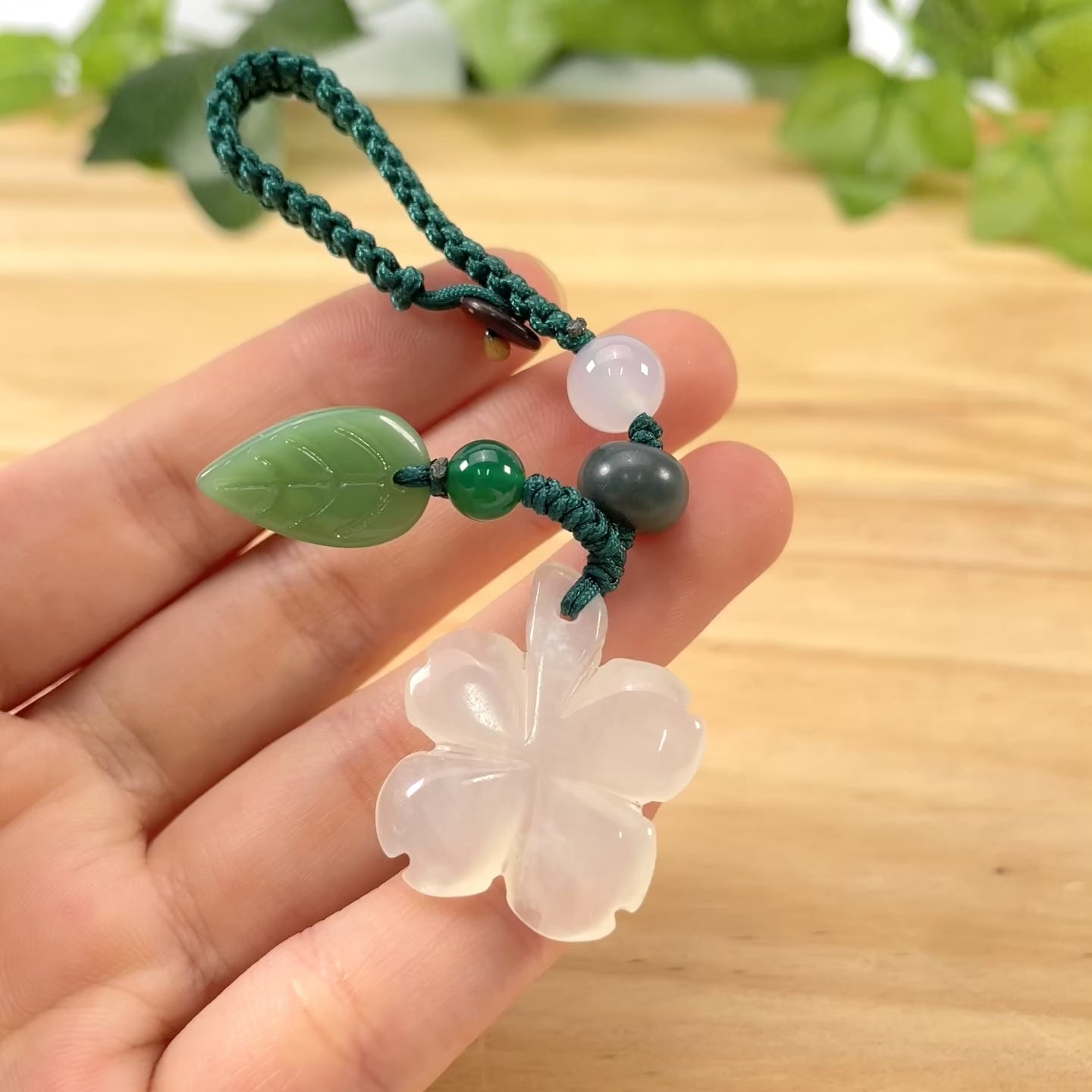 Xiuyu Jade Flower Keychain • Hand Carved Lucky Charm Key Ring