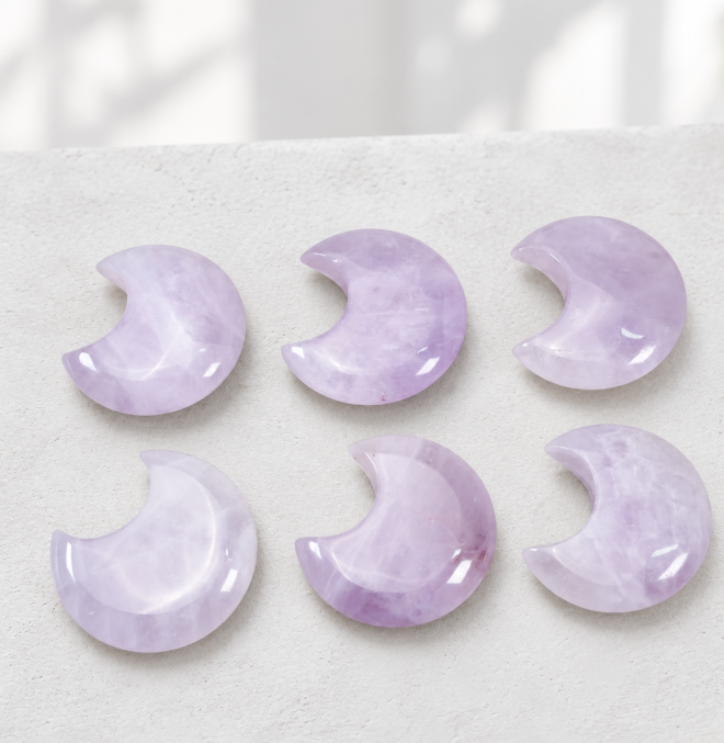 Lavender Amethyst Crescent Moon Crystal Carving | Polished Moon Palm Stone for Calming Energy, Meditation