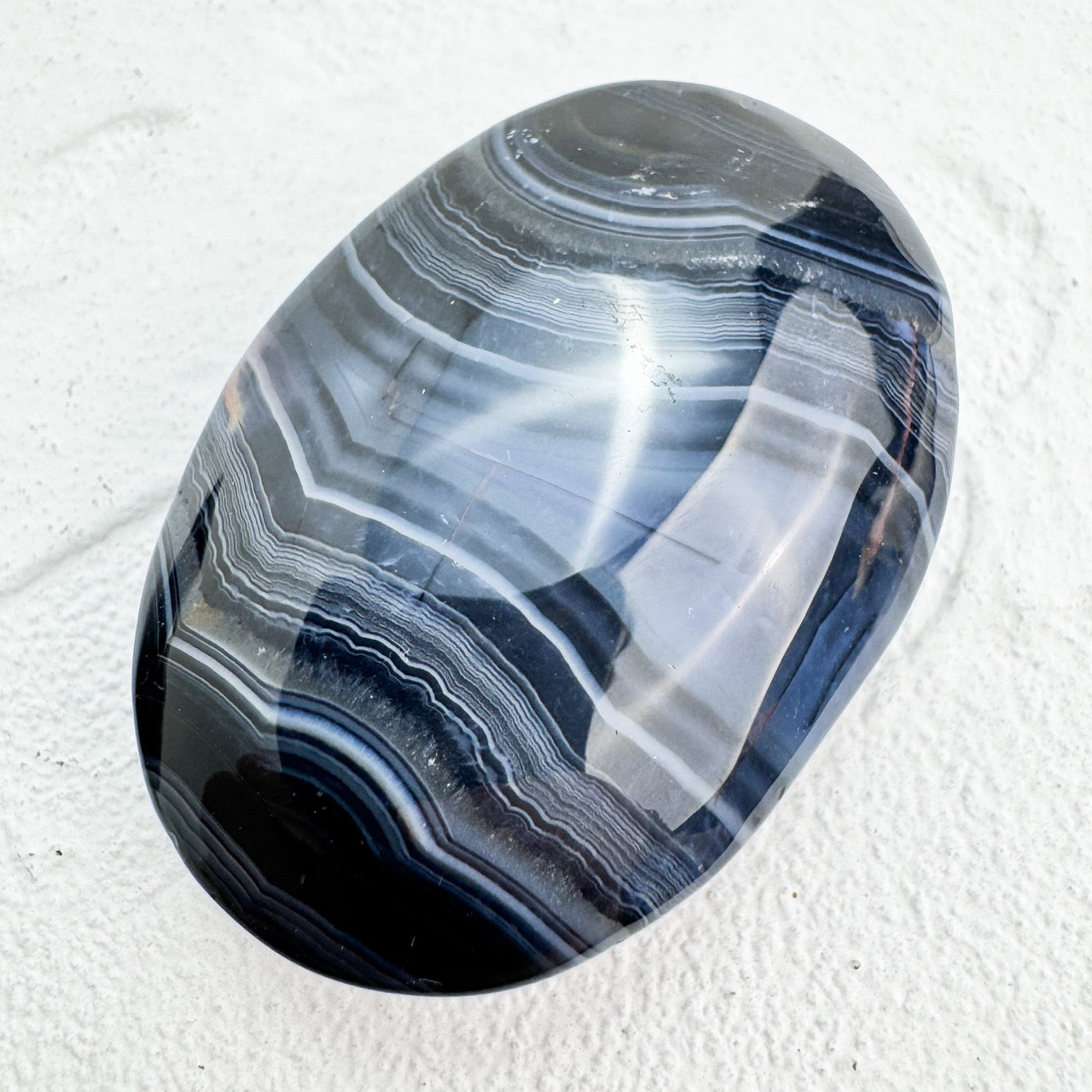 Smooth Black Lace Agate Heart/Moon Palmstone for spiritual work